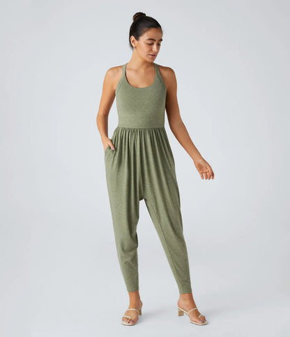 Velano's Backless Twisted U Neck Side Pocket Casual Jumpsuit
