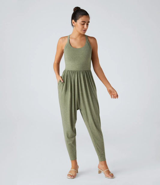 Velano's Backless Twisted U Neck Side Pocket Casual Jumpsuit